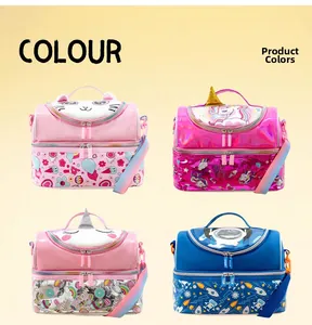 Detailed view of four colorful kids lunch bags with cute cartoon prints and dual zippers