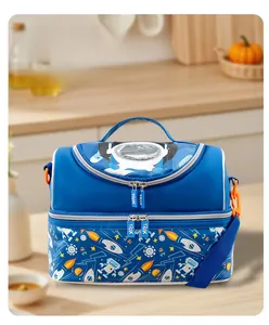 Detail view of double-layer insulated kids lunch bag with rocket and robot space prints