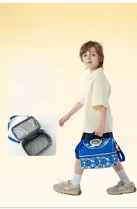 Detail of blue double-layer kids lunch bag with astronaut print and thermal lining