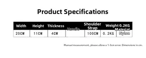 Size chart showing dimensions for the lightweight nylon kids hip bag and shoulder strap