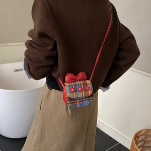 Sweet plaid child crossbody bag with red bow and flower accents for kids fashion