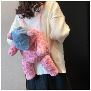 Zaino a forma di orsetto di peluche rosa tie-dye con cappellino in denim blu e glitter