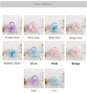 Detailed grid view of girls lace handbags with mesh bows and pearl beads in pastel colors