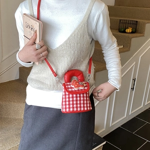 Petit sac à carreaux rouge pour fille avec patch cheval et poignée ronde rouge