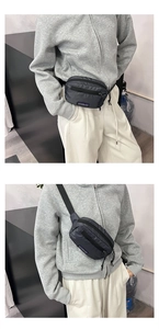 Detailed views of a charcoal grey nylon mini waist bag worn on hip and crossbody style