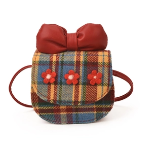 Kids plaid crossbody bag featuring a red leather bow and floral details on white background