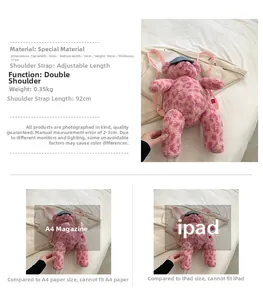 Zaino a forma di orsetto leopardato rosa con dimensioni e confronto taglia iPad