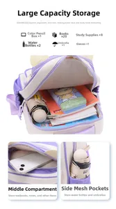 Detail view of large capacity kids backpack showing multi-layer storage for books and stationery