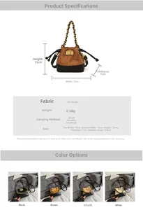 Detail view of mini quilted bucket bag in multiple colors with chain strap and sizing info