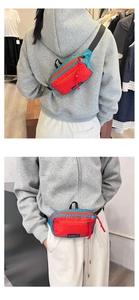 Detail of red and blue nylon kids chest bag with adjustable strap and dual zippers