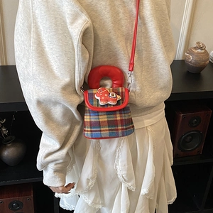 Petit sac à main à carreaux pour fille avec pendentif poney rouge et anse ronde