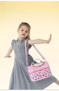 Pink cartoon cat lunch bag with rainbow strap and double-layer zipper detail