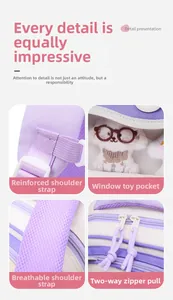 Detail of purple school bag features padded mesh straps and cute puppy ornament