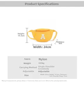 Size chart showing dimensions for the nylon kids waist bag with adjustable strap