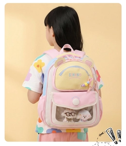 Close-up of children's pink backpack featuring cute bear ears and clear puppy toy pocket