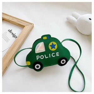 Detail of green police car shaped crossbody bag for kids with holographic car windows