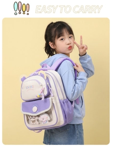 Detail of toddler backpack with transparent window and purple plush decoration
