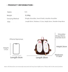 Brown corduroy toddler backpack with plush rabbit ears showing size and dimension details