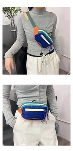 Detail of a colorful nylon waist bag with adjustable straps and multi-color patchwork panels