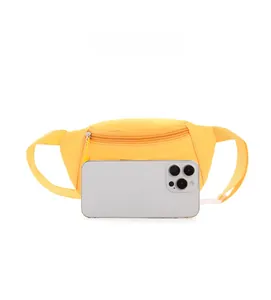 Bright yellow canvas waist bag size comparison with a smartphone for children