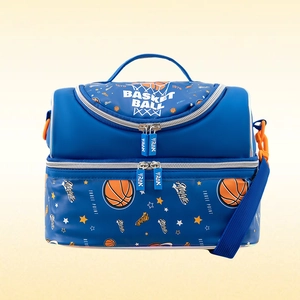 Close-up of double-layer basketball print lunch bag with adjustable shoulder strap