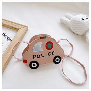 Detailed view of pink cartoon police car bag for kids with zip closure and strap
