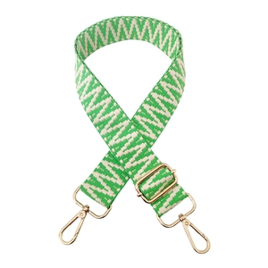 Adjustable green and white geometric woven guitar strap with gold metal buckles