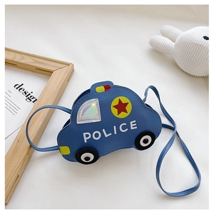 Detailed view of blue cartoon police car shaped crossbody bag for kids with strap