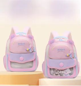Detail view of pink cartoon schoolbags with 3D ears, transparent window and embroidery