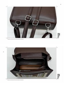Detail view of brown leather kids backpack showing metal buckles and spacious interior