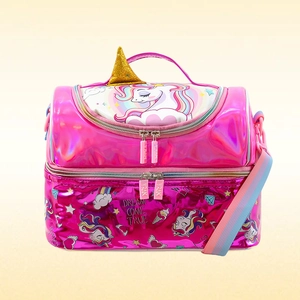 Close-up of holographic laser fabric on pink double-layer lunch bag with rainbow strap