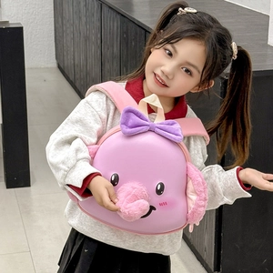 Pink elephant toddler backpack with cute plush ears and purple bow for little girls