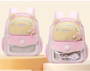 Detail showing pink and yellow patchwork kids backpack with clear window and bear ears