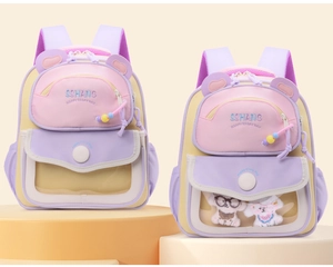 Detail of cute backpack with animal ears, transparent window and macaron color block
