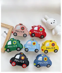 Detail of colorful cartoon police car crossbody bags for kids in seven vibrant PU leather colors