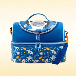 Close-up of dual-layer blue kids lunch bag with space pattern and sturdy zippers