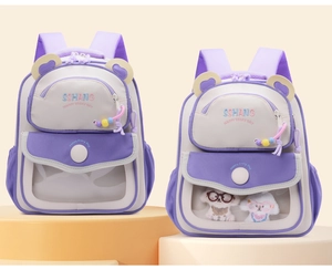 Detail of purple cartoon kids backpack with cute bear ears and transparent PVC doll window