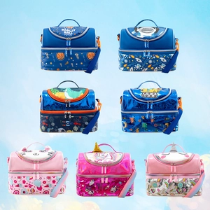 Double-layer insulated kids lunch bags with dinosaur and space prints with straps