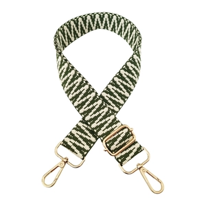 Detail of adjustable green and beige woven bag strap with golden metal swivel hooks