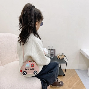 Pink cartoon police car crossbody bag for kids featuring holographic details and PU leather