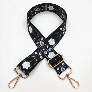 Bohemian floral embroidered wide shoulder strap with golden metal lobster clasps and buckles