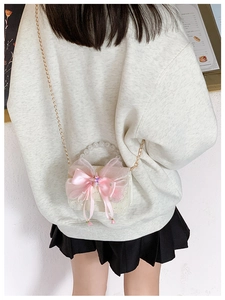 Detail of mini lace crossbody bag with large pink bow and pearl top handle for girls