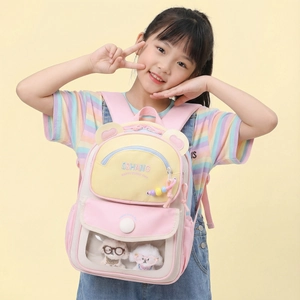 Pink and yellow cartoon toddler backpack with cute bear ears and puppy plush toys