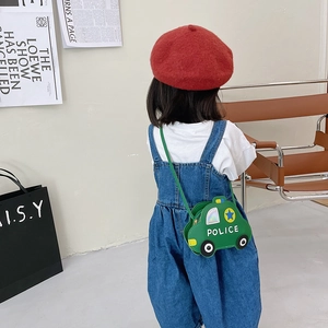 Green cartoon police car shaped crossbody bag for kids with adjustable shoulder strap