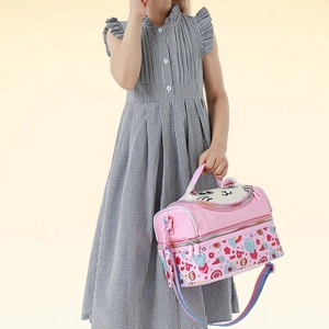 Pink cartoon cat-themed kids lunch bag with 3D ears and gradient shoulder strap
