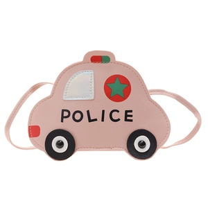 Pink cartoon police car crossbody bag for kids with holographic details and PU strap