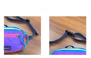 Detail view of the durable buckle and zipper on this colorful kids' crossbody chest bag
