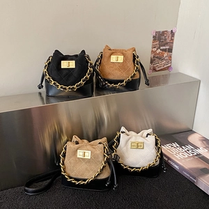 Kids Mini Bucket Crossbody Bag PU Leather Suede Diamond Quilted Gold Chain Strap Twist Lock Drawstring Fashion Handbag
