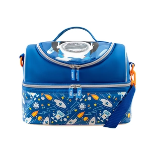 Double-layer blue cartoon astronaut lunch bag for kids with adjustable shoulder strap