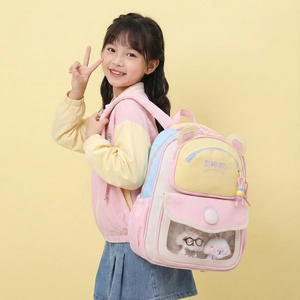 Cute cartoon kids backpack with clear window pocket and plush toys on young girl model